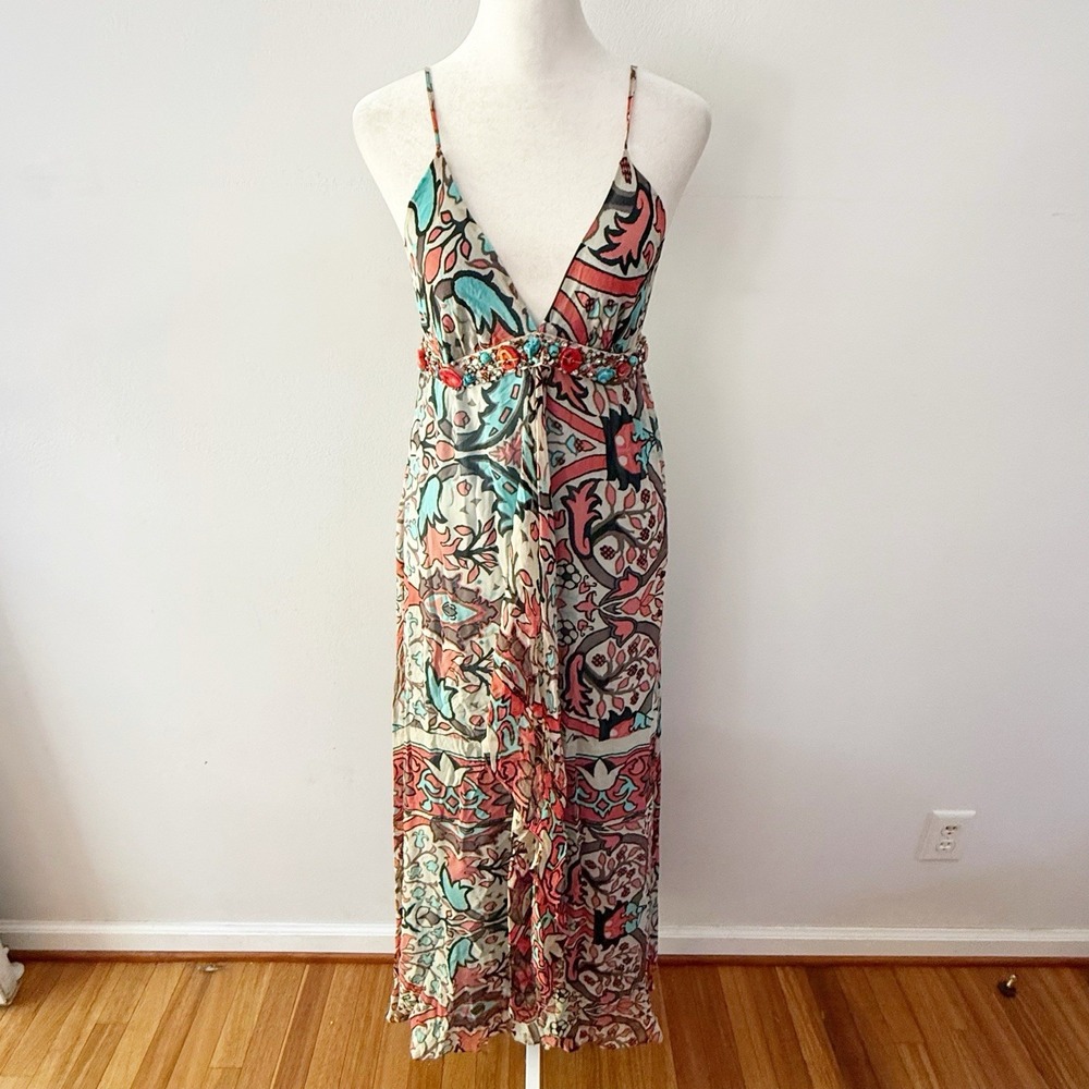 Daslu Maxi Dress Womens 36 100% Silk Beaded Boho Festival Resort Artsy Island